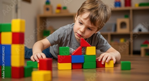 Young boy playing with blocks.