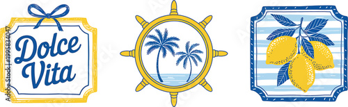 Set of three Mediterranean themed illustrations isolated on transparent background