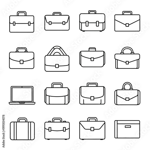 Collection of briefcase and laptop line icons