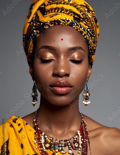 African woman with traditional headwrap jewelry.