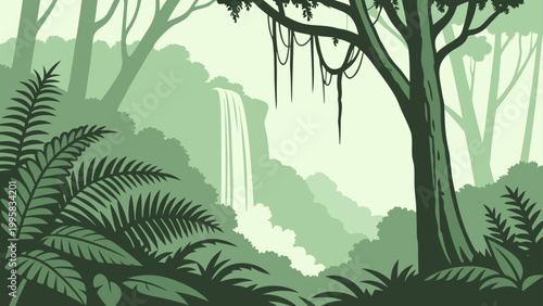Graphic illustration of tropical waterfall deep inside lush green jungle