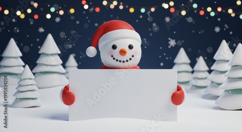Snowman in winter holiday scene.