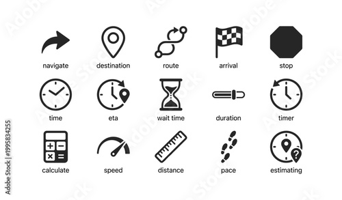 Navigation and timing icons for routes and distance estimation