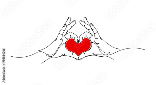 Two hands forming a red heart shape representing love and care in a continuous line art style