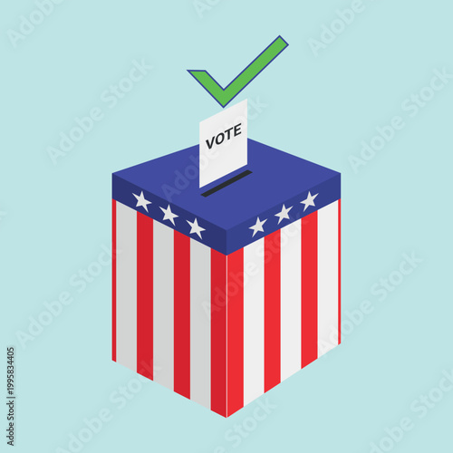 US Presidential Election Ballot Box with Voting Paper Isometric Vector Illustration. Concept for US presidential elections, democracy, and civil duty.