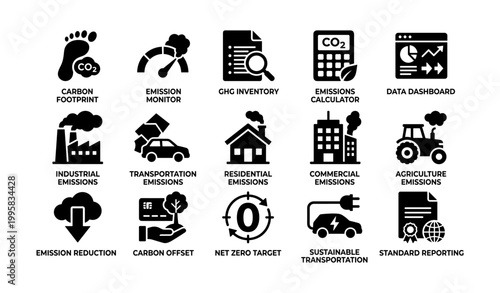 Emission and carbon icons arranged in grid on white background