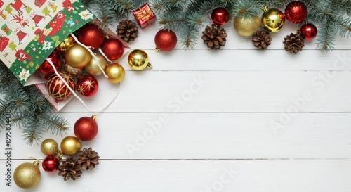 Christmas decorations on white wood.