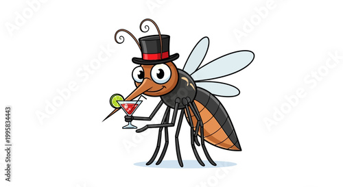 Cartoon mosquito in top hat holding cocktail with lime slice