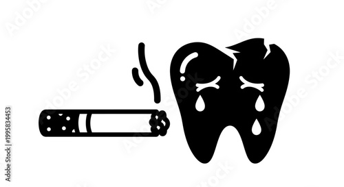 Crying broken tooth next to burning cigarette icon