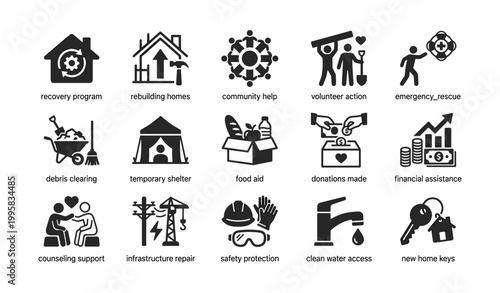 Disaster recovery and relief icons showing aid and rebuilding actions