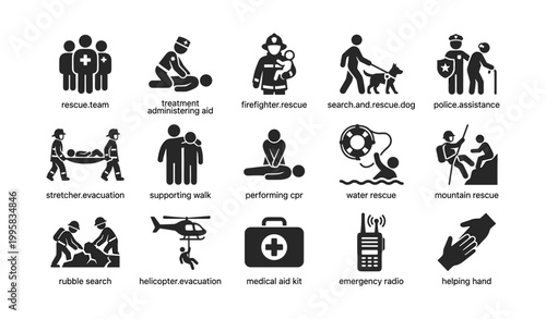 Rescue and emergency icons showing response actions on white