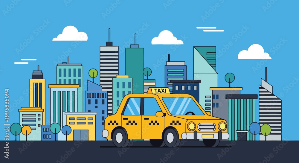 Naklejka premium A yellow taxi drives through a bustling cityscape with buildings and clouds