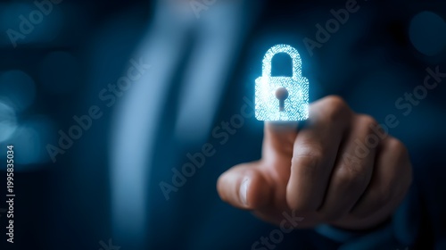 Digital Security Lock Interface Protecting Data in Futuristic Network, copy space. Concept: Cyber Security, Data Protection, Fintech Security, Digital Identity, Network Protection, Technology Safety.