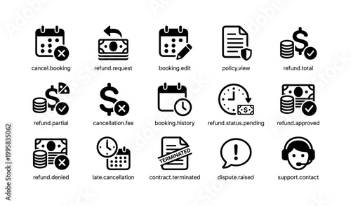 Booking and refund icon set showing cancellations and refunds