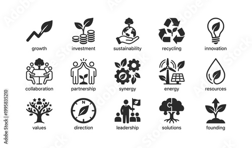 Sustainability and green energy icons displayed on white background