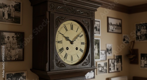 Old clock on wall with photos.