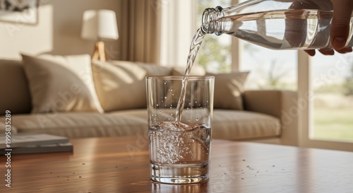 Pouring water into glass on table.