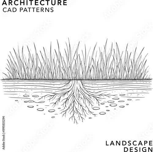 Create a realistic grass, forest section, soil layer landscape drawing pattern. texture lawn background line art. set of graphics elements drawing for architecture and landscape design. Vector art.