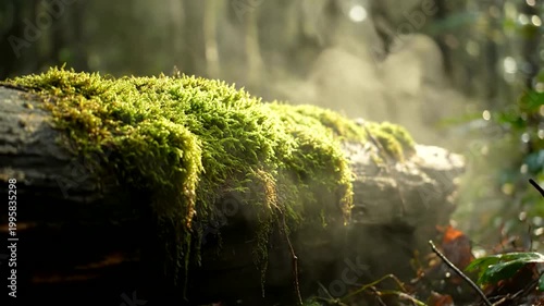 Sunlight rays illuminating mossy log in misty forest.