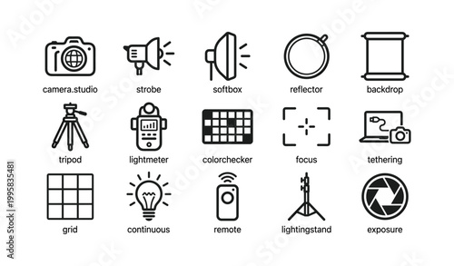 Photography equipment icons showing studio lighting and accessories