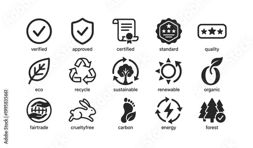 Eco and sustainability certification icons on white background