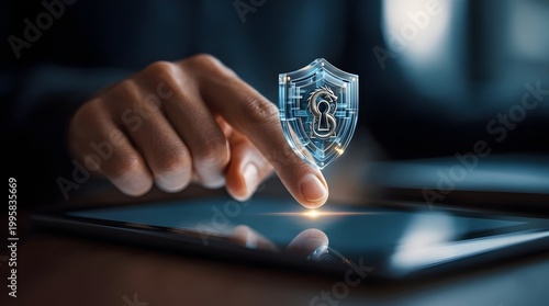 Digital Security Lock Interface Protecting Data in Futuristic Network, copy space. Concept: Cyber Security, Data Protection, Fintech Security, Digital Identity, Network Protection, Technology Safety.