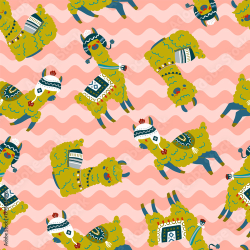 Happy Alpacas on Wavy Stripes Vector Seamless Pattern