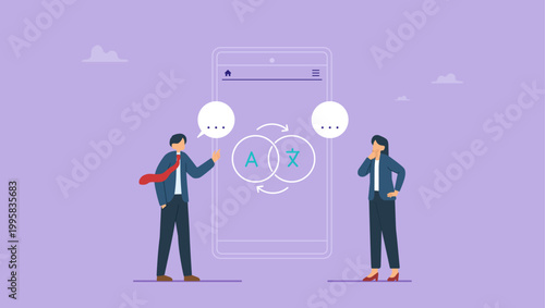 Business people talking through translator on the phone. Online translator in mobile phone, global wireless technology concept.