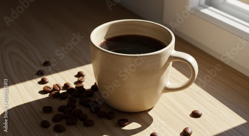 Coffee cup with coffee beans.