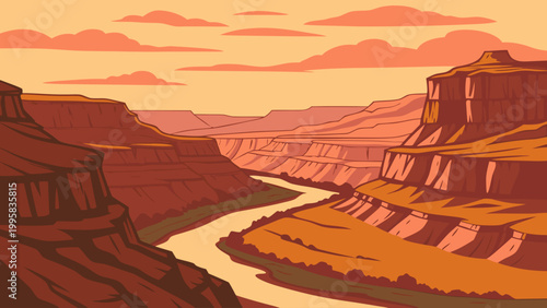 Fotografía Stylized canyon river landscape illustration at dusk with landscape, formation