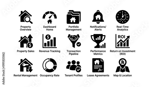 Real estate and property management icons in grid layout