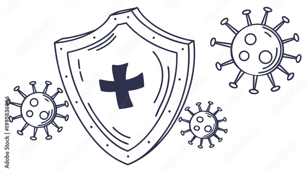 Fototapeta premium Protective medical shield icon surrounded by stylized viruses illustration