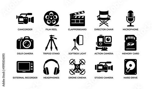 Film and video equipment icons displayed on white background