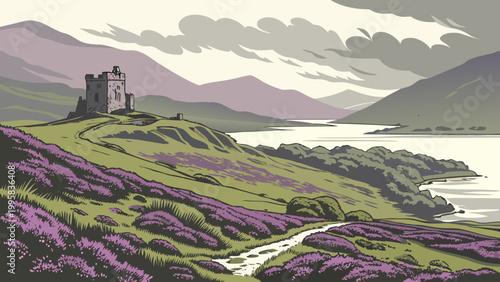 Quadro su tela Scottish highlands landscape featuring ancient stone castle ruins, scotland