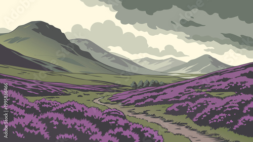Fotografie Mountain valley landscape with purple heather and winding walking path, scotland
