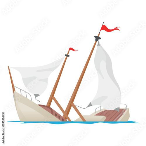 An illustration of a wrecked sailboat with torn sails and damaged masts. The boat is partially sunk. Concept art for a shipwreck or accident at sea.