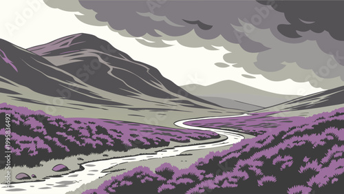 Fotografie Illustration of a winding path through purple heather hills under stormy skies