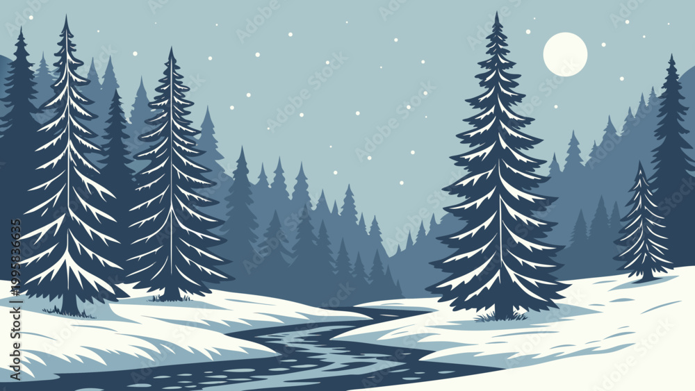 Obraz premium Winter forest landscape with snow covered trees and frozen river at night