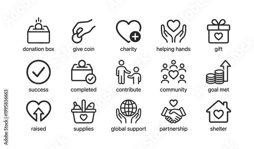 Donation and charity icons illustrating giving and community support