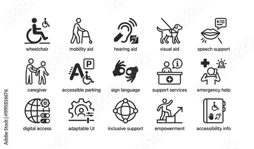Accessibility and support icons arranged in grid on white