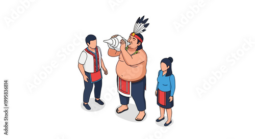 Indigenous People Blowing Conch Shell Horns in Traditional Attire.