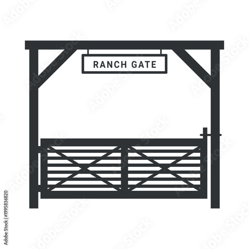 Illustration of a ranch gate with a wooden fence leading into an area used for housing livestock in a rural setting