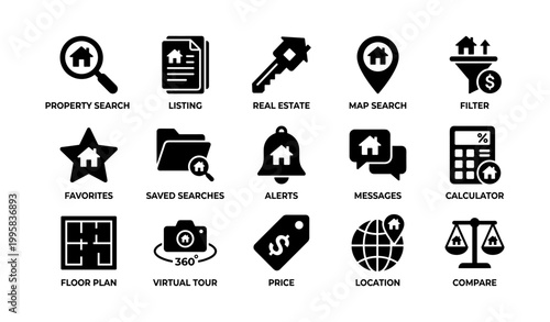 Real estate and property icons arranged in grid on white background