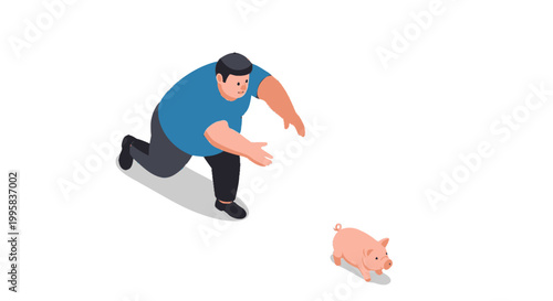 Isometric Illustration of a Man Chasing a Small Piglet on White Background.