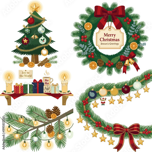 Create a realistic kinds of deferent Christmas tree decoration. Holiday fir tree garland, festive corner, Christmas wreath. Winter season frame, branch with Christmas lights and glow. vector art.
