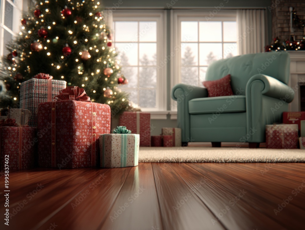 Naklejka premium Cozy Christmas Living Room Scene with Decorated Tree, Gifts, and Armchair by Large Window