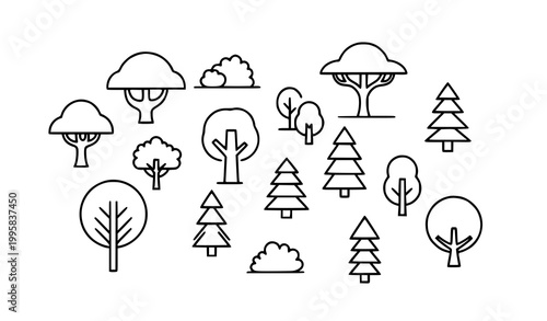 Modern tree line icons bundle editable stroke minimal botanical and forest symbols isolated on white background