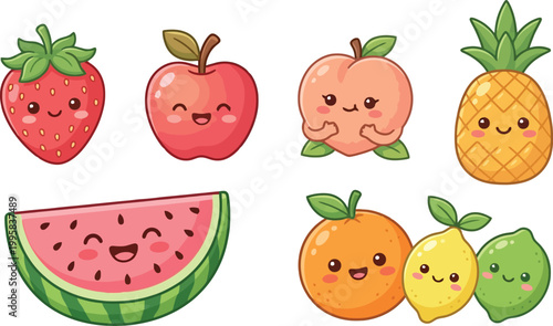 Set of cute kawaii style fruits including strawberry apple peach and pineapple.