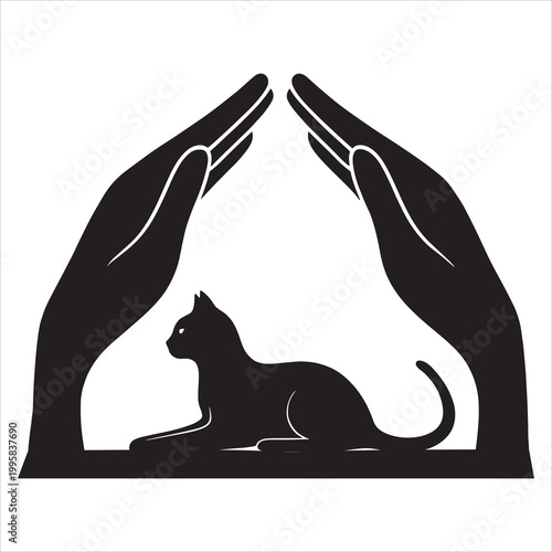 Silhouette vector illustration of cat care in hand 