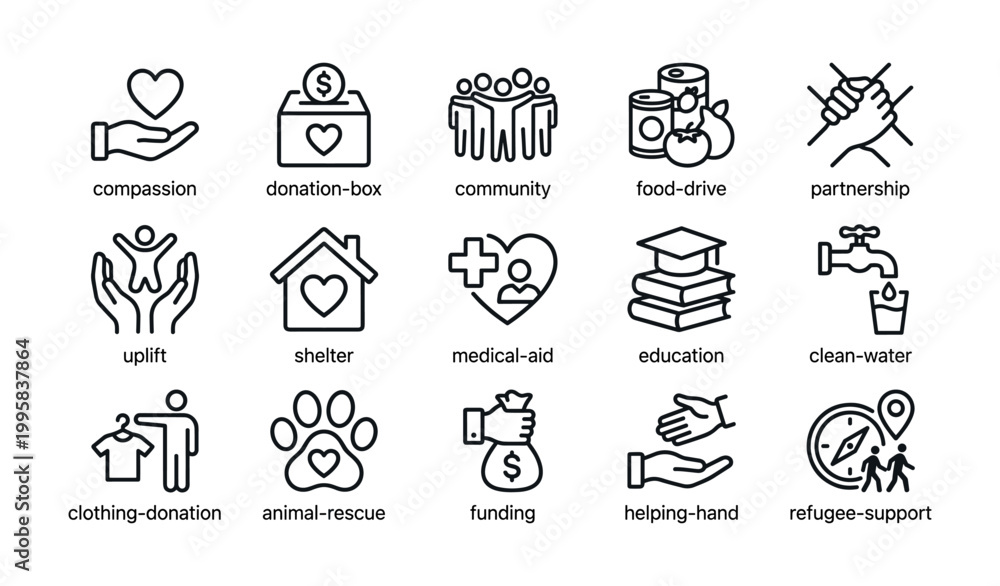 Fototapeta premium Charity icons displayed in rows on white background